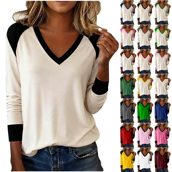Otntypg Raglan Long Sleeve Shirts for Women Casual Fall Spring Basic V Neck Color Block Tunic Tops Loose Lightweight Soft Cozy Pullover Sweatshirts Pink S