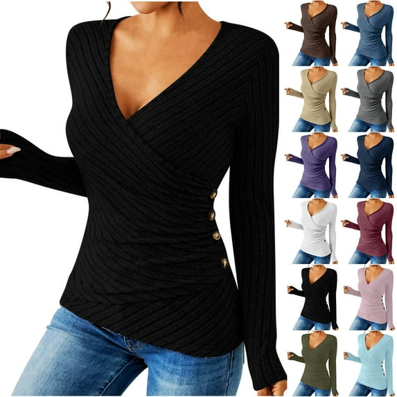 Otntypg Ribbed Sweaters for Women Lightweight Casual Slim Fit Basic Wrapped V Neck Solid Color Tunic Blouse Trendy Fall Spring Cozy Knitwear Shirts Gray XXL