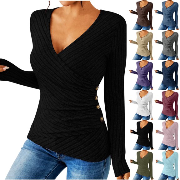 Otntypg Ribbed Sweaters for Women Lightweight Casual Slim Fit Basic Wrapped V Neck Solid Color Tunic Blouse Trendy Fall Spring Cozy Knitwear Shirts Purple L