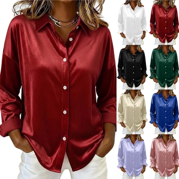Otntypg Satin Blouses for Women Casual Long Sleeve Button Down Silk Shirts Dressy Tunic Top Business Work Collared T-Shirts Blue XXL