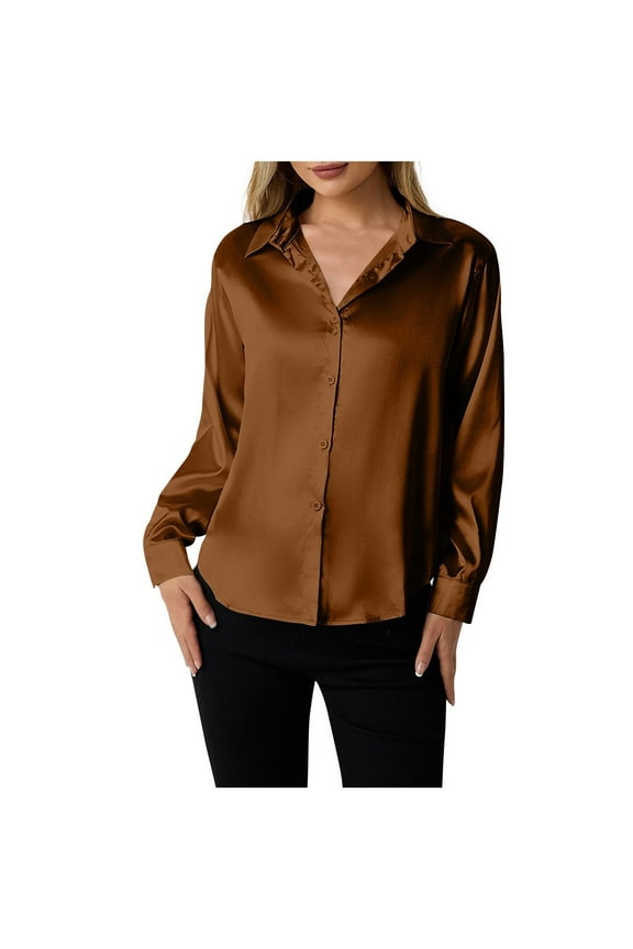 Satin Blouses for Women Silk Button Down Shirts Dressy Casual Long Sleeve Shirt Elegant Ladies Business Office Work Tunic Tops Brown L