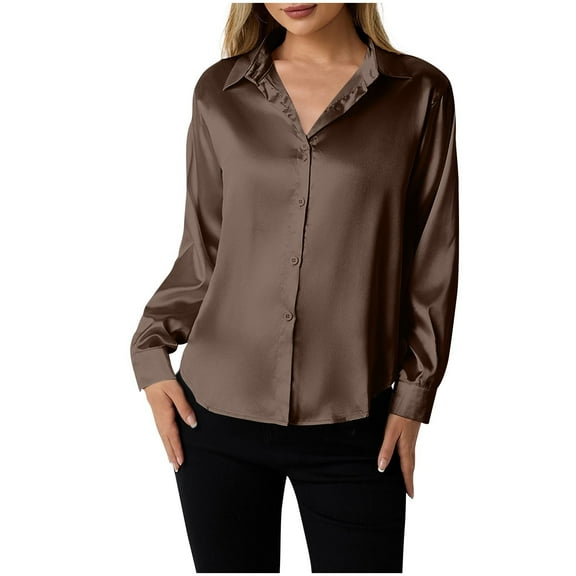 Otntypg Satin Blouses for Women Silk Button Down Shirts Dressy Casual Long Sleeve Shirt Elegant Ladies Business Office Work Tunic Tops Coffee M