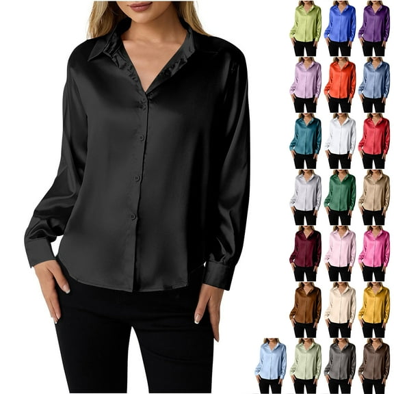 Otntypg Satin Blouses for Women Silk Button Down Shirts Dressy Casual Long Sleeve Shirt Elegant Ladies Business Office Work Tunic Tops Navy XXL
