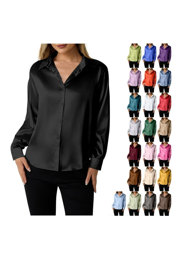 Satin Blouses for Women Silk Button Down Shirts Dressy Casual Long Sleeve Shirt Elegant Ladies Business Office Work Tunic Tops Navy XXL