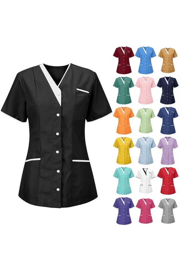 Scrubs for Women Lightweight Casual Button Down V Neck Short Sleeve Scrub Tops Soft Stretch Moisture Wicking Nurse Uniform Shirts with 3 Pockets Blue M