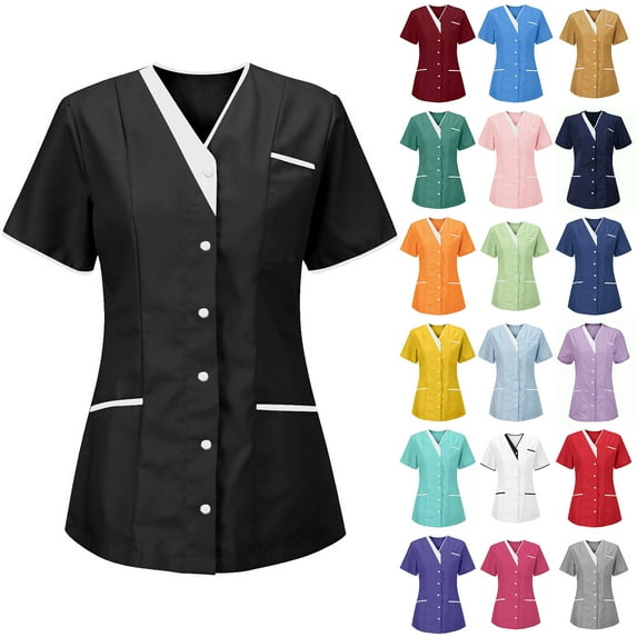Otntypg Scrubs for Women Lightweight Casual Button Down V Neck Short Sleeve Scrub Tops Soft Stretch Moisture Wicking Nurse Uniform Shirts with 3 Pockets Gray XXXL