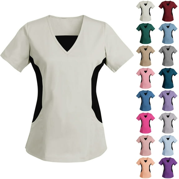 Otntypg Scrubs for Women Casual V Neck Short Sleeve Medical Scrub Tops Soft Stretch Mock Wrap Top Nurse Shirt Workwear with Pockets Hot Pink M