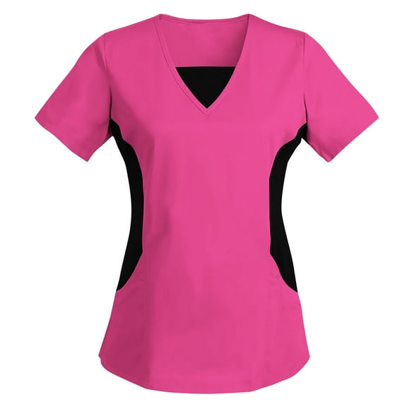 Otntypg Scrubs for Women Casual V Neck Short Sleeve Medical Scrub Tops Soft Stretch Mock Wrap Top Nurse Shirt Workwear with Pockets Hot Pink XL
