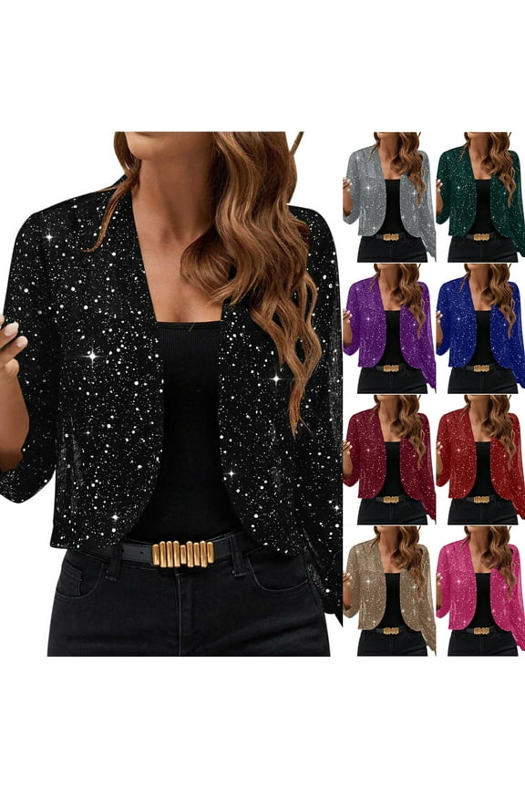 Sequin Blazer for Women Sparkly Sequin Cropped Jacket Long Sleeve Open Front Sequin Cardigan Glitter Short Coats Black L