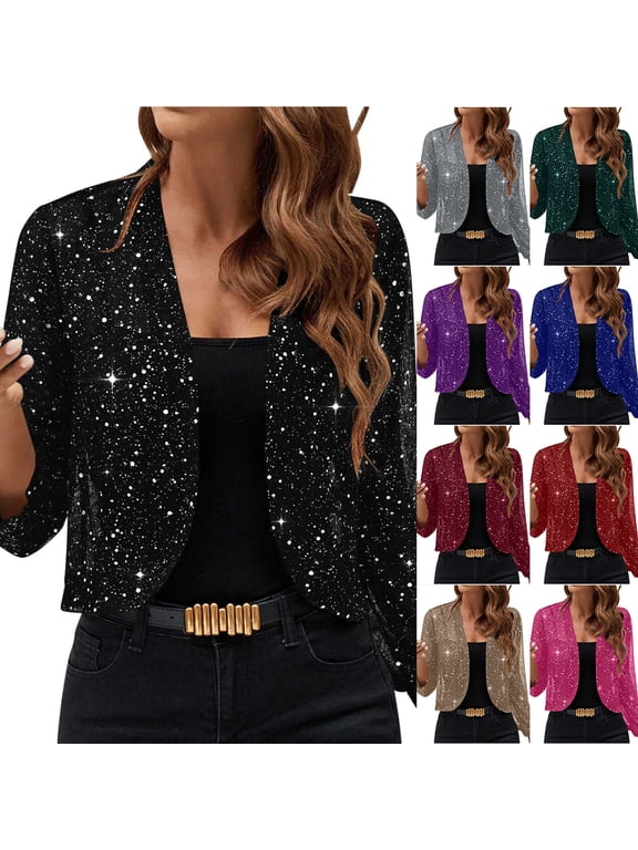 Sequin Blazer for Women Sparkly Sequin Cropped Jacket Long Sleeve Open Front Sequin Cardigan Glitter Short Coats Black M