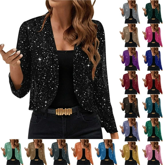 Otntypg Sequin Blazer for Women Sparkly Sequin Cropped Jacket Long Sleeve Open Front Sequin Cardigan Glitter Short Coats Brown L