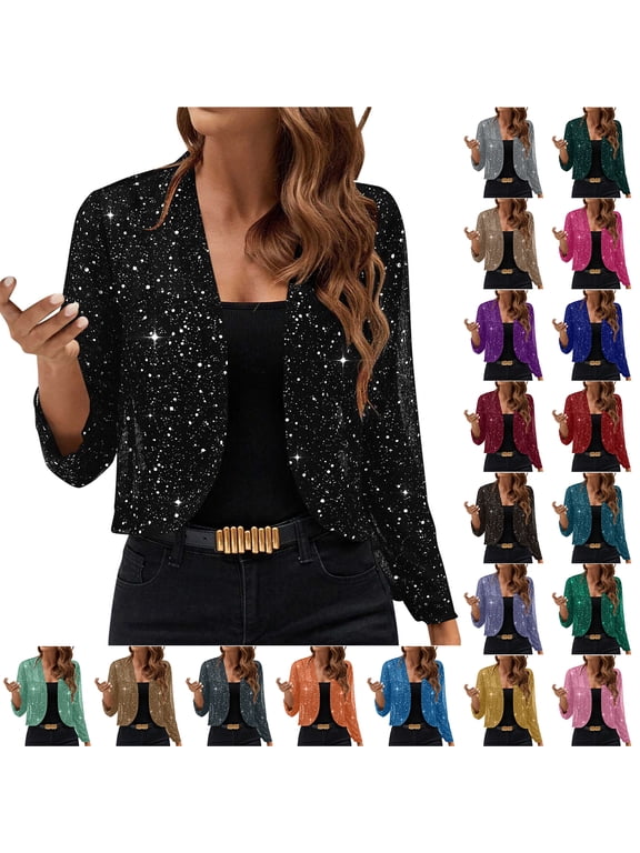 Sequin Blazer for Women Sparkly Sequin Cropped Jacket Long Sleeve Open Front Sequin Cardigan Glitter Short Coats Brown L