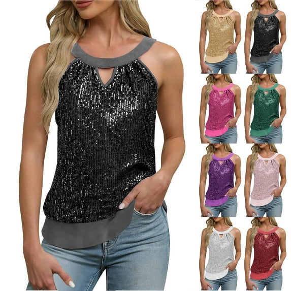 Otntypg Sequin Halter Tops for Women Sleeveless Sparkly Shiny Keyhole Hollow out V Neck Tank Tops Back Bowknot Flowy Sparkly Club Outfits Party Shirt Hot Pink M