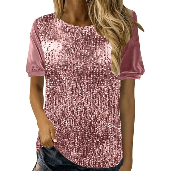 Otntypg Sequin Tops for Women Casual Velvet Patchwork Summer Puff Short Sleeve Crew Neck Solid Color Tunic Blouse Loose Oversized Comfy Pullover T-Shirts Pink XXL