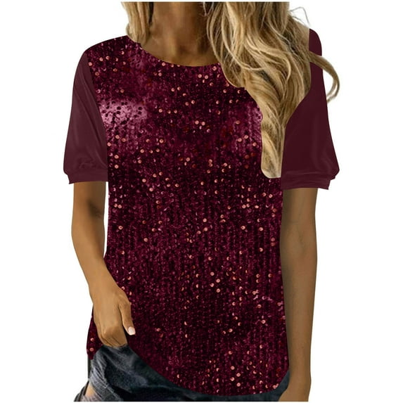 Otntypg Sequin Tops for Women Casual Velvet Patchwork Summer Puff Short Sleeve Crew Neck Solid Color Tunic Blouse Loose Oversized Comfy Pullover T-Shirts Wine XL