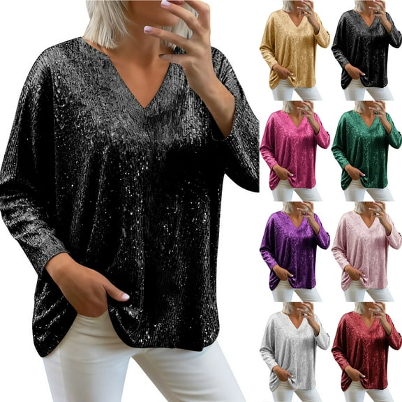 Otntypg Sequins Shirt for Women V-Neck T-Shirt Long Sleeves Tops Fashion Metallic Party Blouse Loose Oversized Pullover Tops Sparkly Casual Tops White XXL