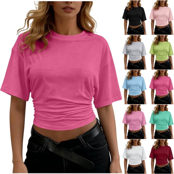 Otntypg Short Sleeve Athletic Cropped T-Shirts for Women Round Neck Basic Solid Color Double Lined Workout Tees Side Ruched Fitted Y2k Crop Tops Green L
