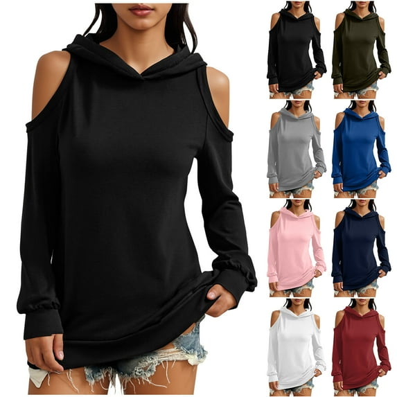Otntypg Off the Shoulder Hoodie Tops for Women Lightweight Casual Fall Long Sleeve Hooded Pullover Sweatshirts Trendy Basic Solid Color Athletic Workout T-Shirts Black M