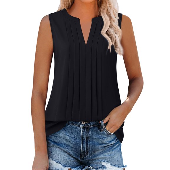 Otntypg Sleeveless Chiffon Tank Tops for Women Dressy Casual V Neck Tunic Blouses Trendy Solid Color Basic Work Pleated Shirt Black M