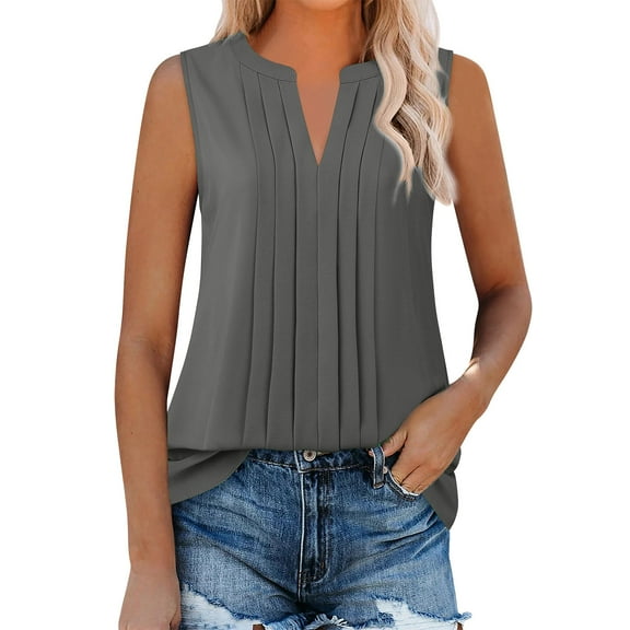 Otntypg Sleeveless Chiffon Tank Tops for Women Dressy Casual V Neck Tunic Blouses Trendy Solid Color Basic Work Pleated Shirt Gray M