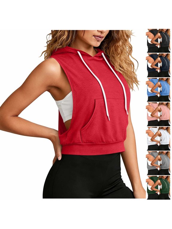 Sleeveless Hoodies for Women Lightweight Hooded Tank Basic Solid Color Workout Crop Top Loose Open Side Athletic Gym Tees Shirt Tops with Pockets