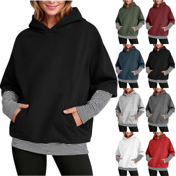 Otntypg Splicing Oversized Hoodies for Women Casual Striped Patchwork Fake Two Piece Long Sleeve Hooded Pullover Sweatshirts Loose Fit Soft Hoodie Tops with Pockets Black S