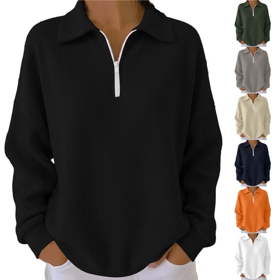 Otntypg Spring Fashion Waffle Knit Shirts for Women Lightweight Casual Quarter Zip up Long Sleeve Lapel Collar Pullover Blouse Loose Oversized Casaul Dressy Tops Black M