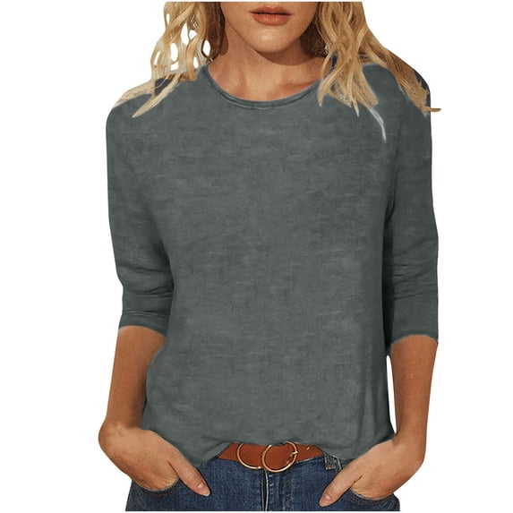 Otntypg Spring Trendy 3/4 Length Sleeve Tops for Women Plus Size Casual Loose Fit Crewneck T-Shirts Cute Solid Three Quarter Length Tunic Tops Trendy Oversized Comfy Pullover Blouse Dark Gray XL