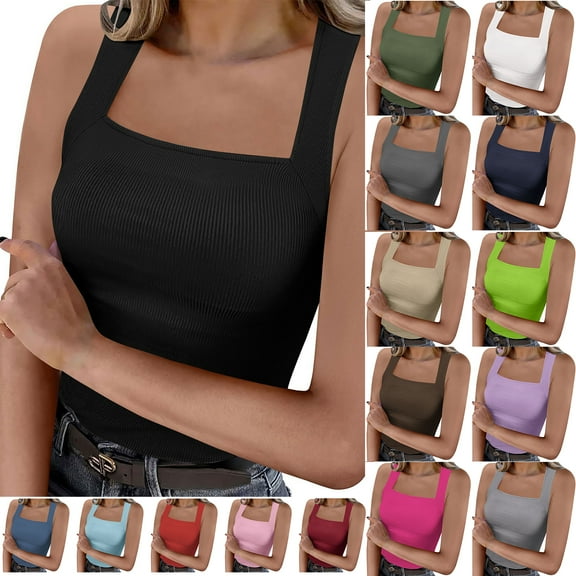 Otntypg Square Neck Tops for Women Sleeveless Summer Tank Top Ribbed Knit Slim Fit Workout Basic Tees Shirts 2025 Trendy Clothes Outfits Gray M