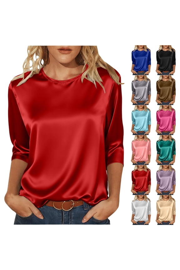 Stain Silk Blouse for Women Dressy Casual 3/4 Length Sleeve Crewneck Stretch Work Business Tunic Shirts Loose Lightweight Cozy Pullover Tops Gray M