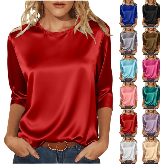 Otntypg Stain Silk Blouse for Women Dressy Casual 3/4 Length Sleeve Crewneck Stretch Work Business Tunic Shirts Loose Lightweight Cozy Pullover Tops Pink XXL