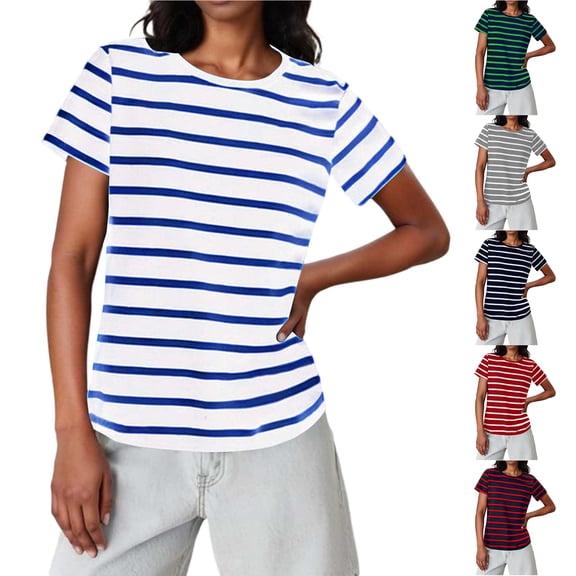 Otntypg Striped Shirts for Women Fashion Spring Summer Short Sleeve Crew Neck Basic Athletic T-Shirts Tops Loose Lightweight Casual Tunic Blouse Watermelon Red M