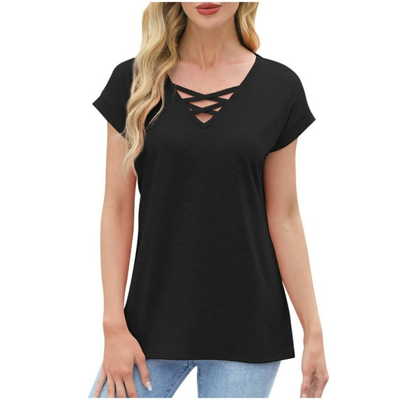 Otntypg Summer Short Sleeve V Neck Criss Cross T-Shirt for Women Casual Basic Workout Tunic Tees Shirt Lightweight Cozy Pullover Tops Black XL