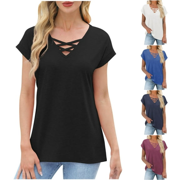 Otntypg Summer Short Sleeve V Neck Criss Cross T-Shirt for Women Casual Basic Workout Tunic Tees Shirt Lightweight Cozy Pullover Tops Blue L