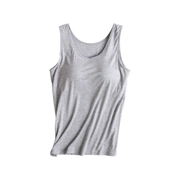 Otntypg Summer Tank Top for Women with Built-in Padded Bra Adjustable Wide Strap Camisole Cotton Cami Vest Trendy Cotton Basic Athletic Workout Yoga Shirts Gray#04 L