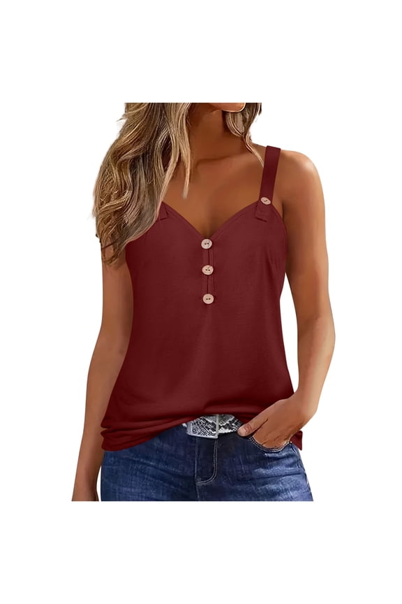 Summer Tank Tops for Women Cute Adjustable Suspender V Neck Summer Button up Basic Shirts Loose Relaxed Fit Sleeveless Cozy Tunic Blouse Wine XL