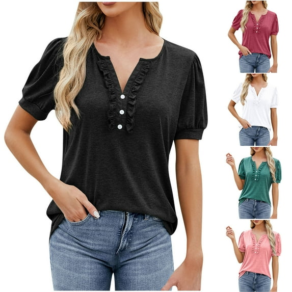 Otntypg Summer Tops for Women 2025 Trendy Dressy Casual Blouse Puff Short Sleeve Shirts Knit Ruffled Henley V Neck T Shirt Tunic T-Shirts White S