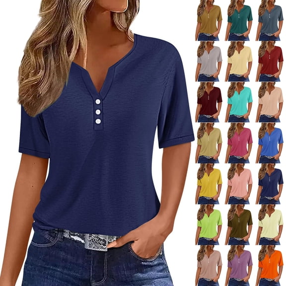 Otntypg Summer Tunic Tops for Women for Leggings Trendy Vacation Short Sleeve Button V Neck T Shirt Boho Dressy Casual Blouses Fashion Spring Tee Clothes Beige#01 L