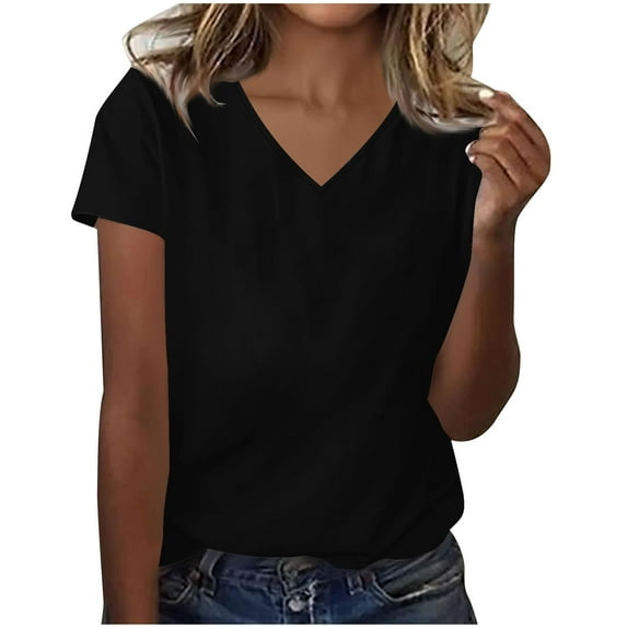 Otntypg Summer V Neck Shirts for Women Dressy Causal Short Sleeve Basic Solid Color Tunic Tees Tops Loose Oversized Comfy Pullover Blouse Black XL