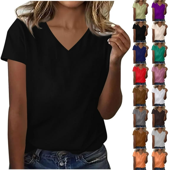 Otntypg Summer V Neck Shirts for Women Dressy Causal Short Sleeve Basic Solid Color Tunic Tees Tops Loose Oversized Comfy Pullover Blouse Dark Gray L