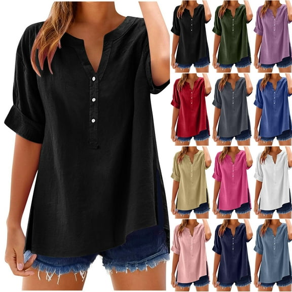 Otntypg Summer Womens Fashion Button T-Shirts Lightweight Casual Short Sleeve Henley V Neck Tunic Tees Top Loose Soft Imitation Cotton and Linen Blouses Army Green M