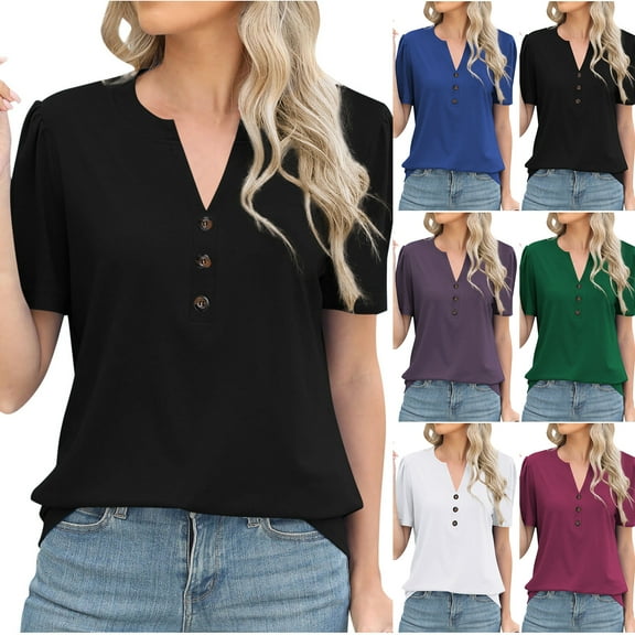 Otntypg Summer Womens Tops Trendy 2025 Solid Color Basic V Neck Short Sleeve Casual Shirts Fashion Loose Fit Cozy Tunic Blouse Black S