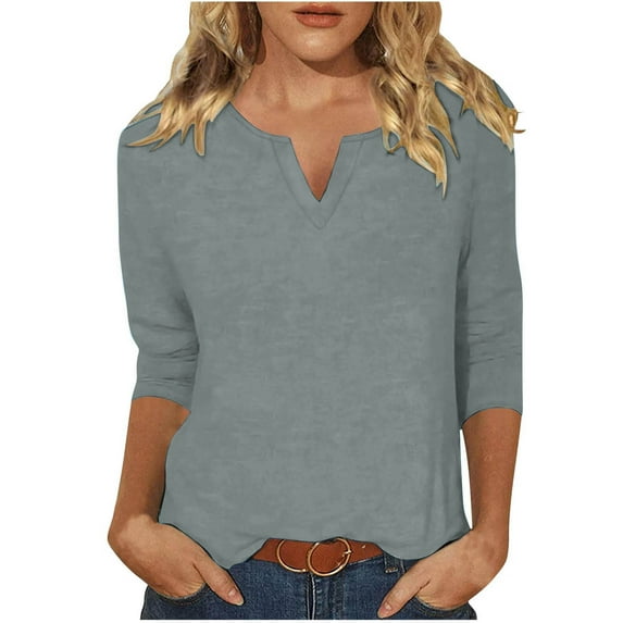 Otntypg Summer Womens V Neck 3/4 Sleeve T-Shirts Dressy Casual Tunic Blouse Trendy 2025 Solid Color Basic Workout Tees Tops Loose Fit Pullover Khaki S