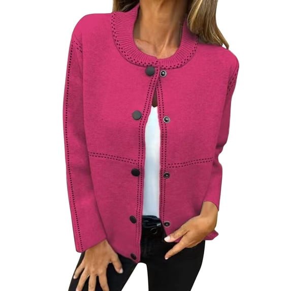 Otntypg Sweaters for Women Casual Fall Long Sleeve Button up Crewneck Cable Knit Sweater Tops Loose Oversized Open Front Cardigans Outwear Coat Hot Pink M