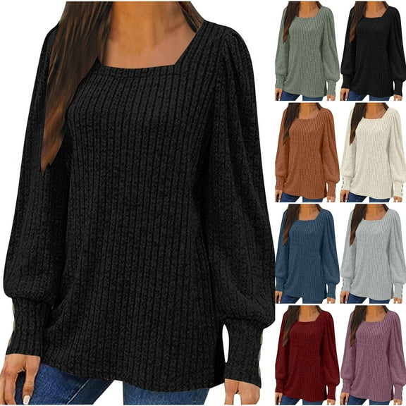 Otntypg Sweaters for Women Fall Casual Ribbed Knited Puff Long Sleeve Square Neck Tunic Blouse Loose Oversized Comfy Baggy Pullover Tops Gray L