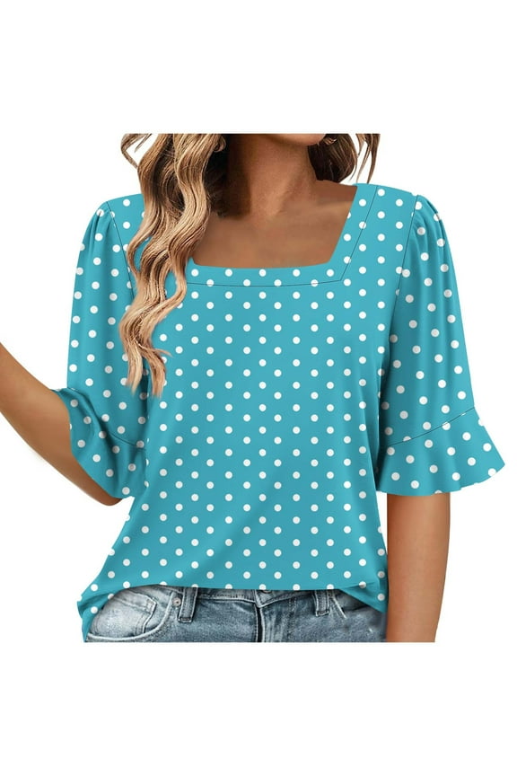 T-Shirts for Women Retro Polka Dot Print Summer Elbow Length Bell Sleeve Square Neck Tunic Blouse Loose Fit Dressy Pullover Tops Light Blue XXL