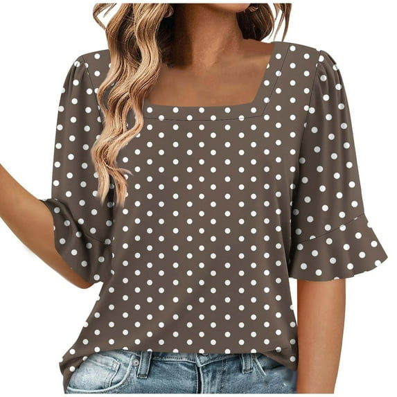 Otntypg T-Shirts for Women Retro Polka Dot Print Summer Elbow Length Bell Sleeve Square Neck Tunic Blouse Loose Fit Dressy Pullover Tops Brown L