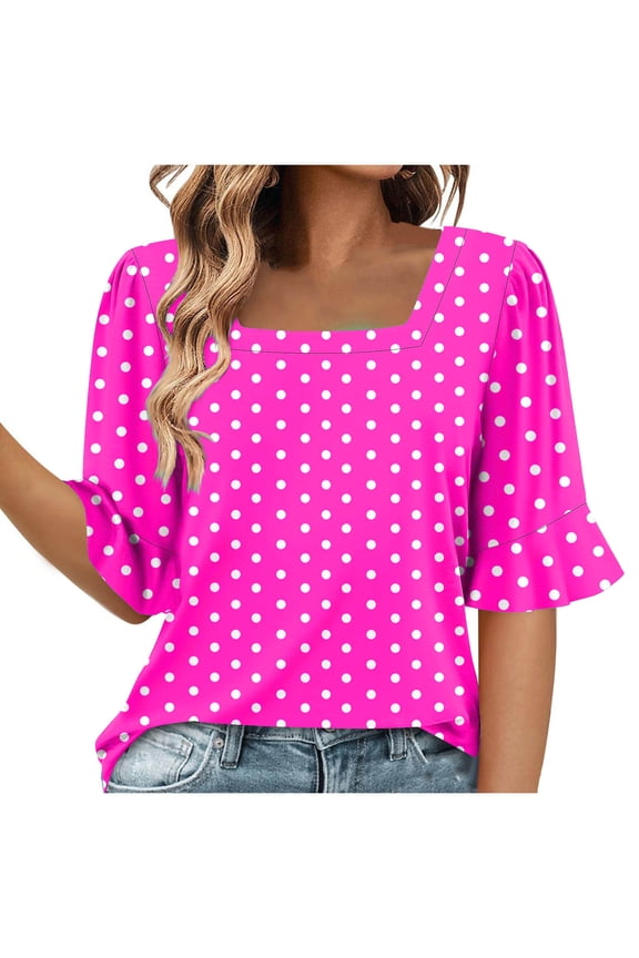 T-Shirts for Women Retro Polka Dot Print Summer Elbow Length Bell Sleeve Square Neck Tunic Blouse Loose Fit Dressy Pullover Tops Hot Pink S