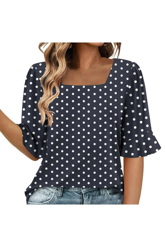 T-Shirts for Women Retro Polka Dot Print Summer Elbow Length Bell Sleeve Square Neck Tunic Blouse Loose Fit Dressy Pullover Tops Navy XL