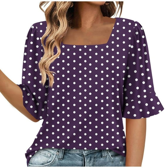 Otntypg T-Shirts for Women Retro Polka Dot Print Summer Elbow Length Bell Sleeve Square Neck Tunic Blouse Loose Fit Dressy Pullover Tops Purple XL